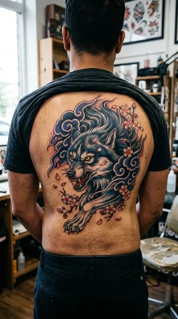 Color Japanese wolf tattoo on a man's back