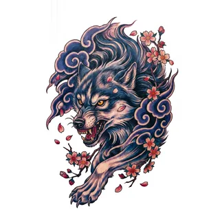 Color Japanese wolf tattoo design, drawn flat for a back tattoo