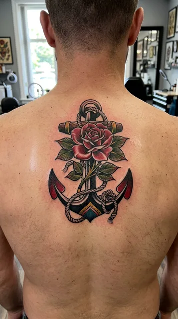 Color neo traditional anchor tattoo on a man's back