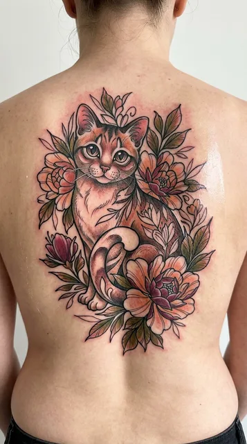 Color neo traditional cat tattoo on a woman's back