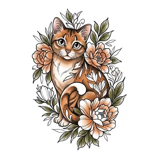 Color neo traditional cat tattoo design, drawn flat for a back tattoo