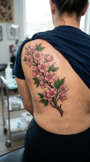 Color neo traditional cherry blossom tattoo on a woman's back