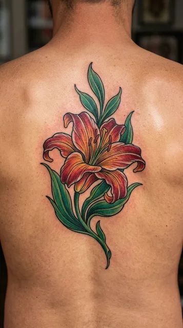 Color neo traditional lily tattoo on a man's back