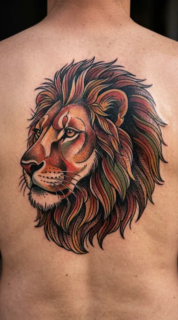 Color neo traditional lion tattoo on a man's back