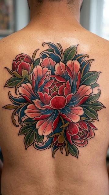 Color neo traditional peony tattoo on a man's back