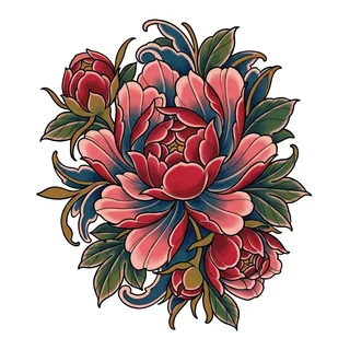 Color neo traditional peony tattoo design, drawn flat for a back tattoo