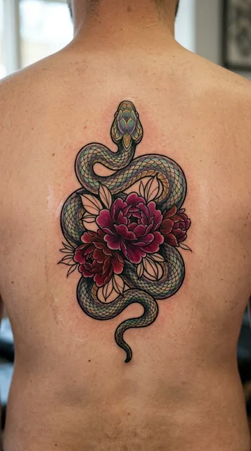 Color neo traditional snake tattoo on a man's back (1 of 2)