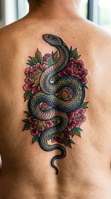 Color neo traditional snake tattoo on a man's back (2 of 2)