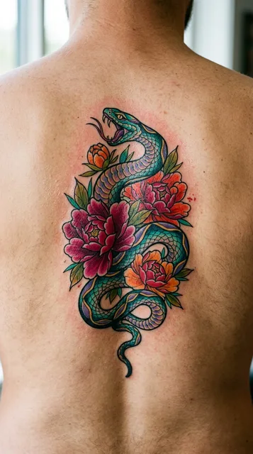 Color neo traditional snake tattoo on a man's back