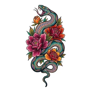 Color neo traditional snake tattoo design, drawn flat for a back tattoo