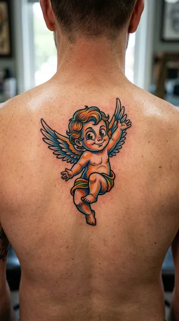 Color new school angel tattoo on a man's back
