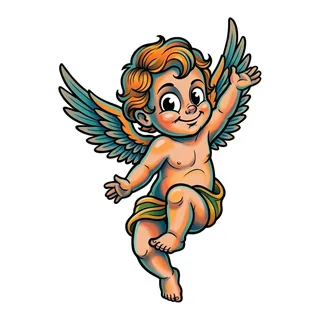 Color new school angel tattoo design, drawn flat for a back tattoo