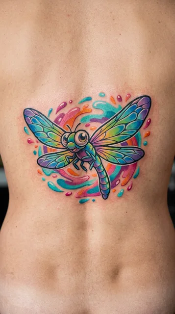 Color new school dragonfly tattoo on a man's back