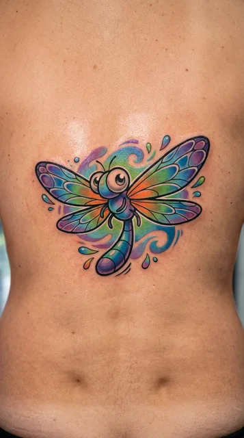 Color new school dragonfly tattoo on a man's back (1 of 2)