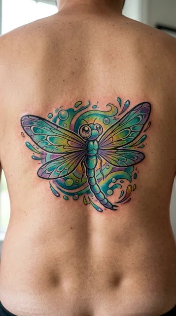Color new school dragonfly tattoo on a man's back (2 of 2)
