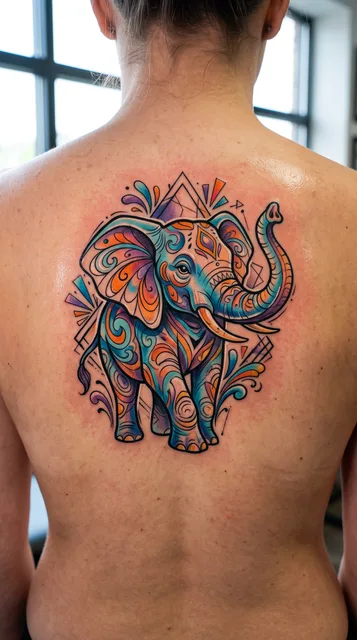 Color new school elephant tattoo on a woman's back
