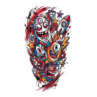 Color new school monsters tattoo design, drawn flat for a back tattoo