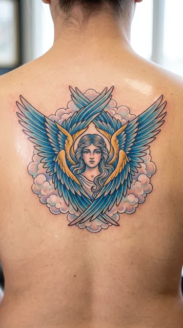 Color traditional angel tattoo on a woman's back