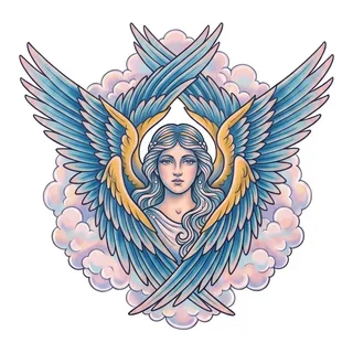 Color traditional angel tattoo design, drawn flat for a back tattoo