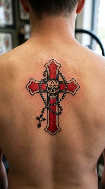 Color traditional cross tattoo on a man's back