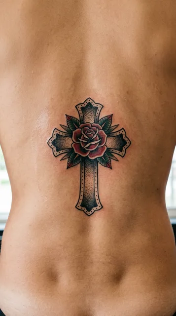 Color traditional cross tattoo on a man's back