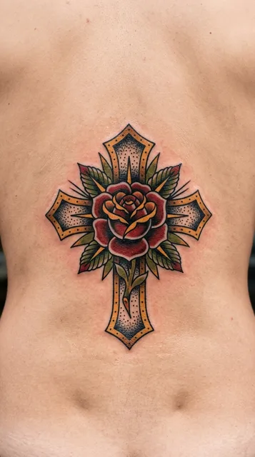 Color traditional cross tattoo on a man's back