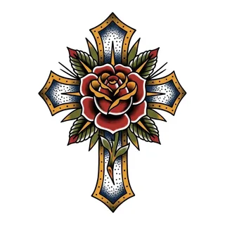 Color traditional cross tattoo design, drawn flat for a back tattoo
