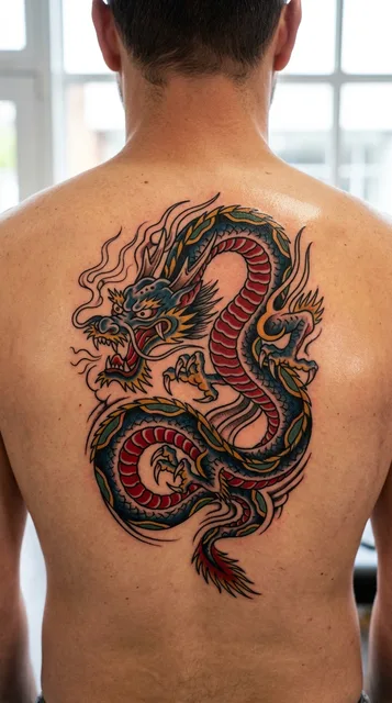Color traditional dragon tattoo on a man's back