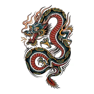 Color traditional dragon tattoo design, drawn flat for a back tattoo