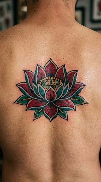 Color traditional lotus tattoo on a man's back