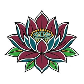Color traditional lotus tattoo design, drawn flat for a back tattoo