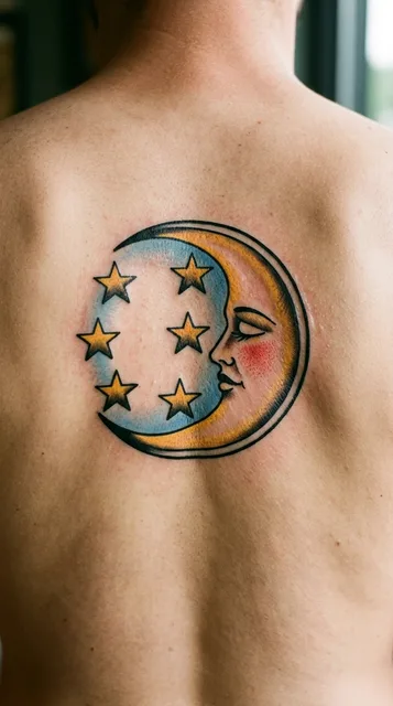 Color traditional moon tattoo on a man's back (1 of 2)