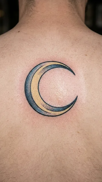 Color traditional moon tattoo on a man's back (2 of 2)