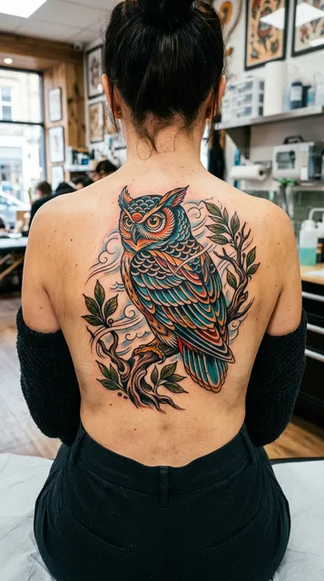 Color traditional owl tattoo on a woman's back