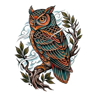 Color traditional owl tattoo design, drawn flat for a back tattoo