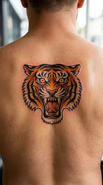 Color traditional tiger tattoo on a man's back