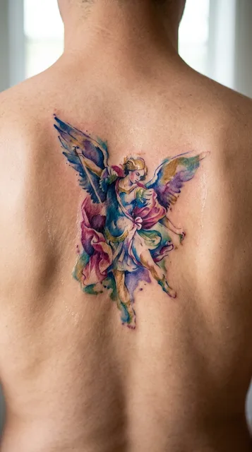 Color watercolor angel tattoo on a woman's back