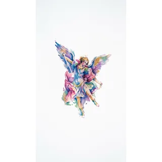 Color watercolor angel tattoo design, drawn flat for a back tattoo