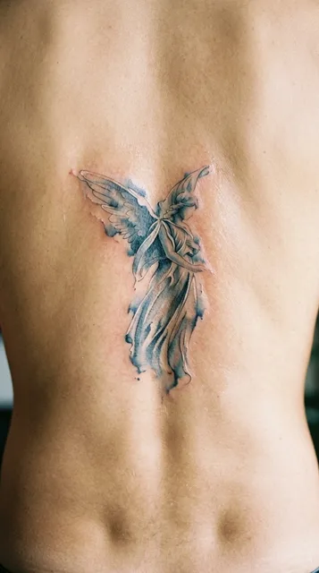 Color watercolor angel tattoo on a man's back
