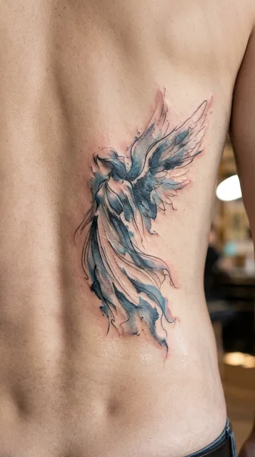 Color watercolor angel tattoo on a man's back