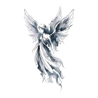 Color watercolor angel tattoo design, drawn flat for a back tattoo
