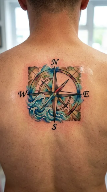 Color watercolor compass tattoo on a man's back