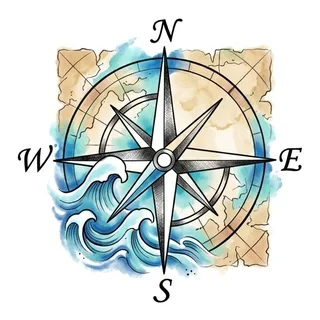 Color watercolor compass tattoo design, drawn flat for a back tattoo