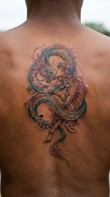 Color watercolor dragon tattoo on a man's back