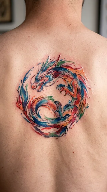 Color watercolor dragon tattoo on a man's back