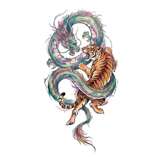Color watercolor dragon tattoo design, drawn flat for a back tattoo