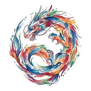 Color watercolor dragon tattoo design, drawn flat for a back tattoo