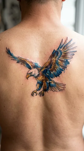Color watercolor eagle tattoo on a man's back