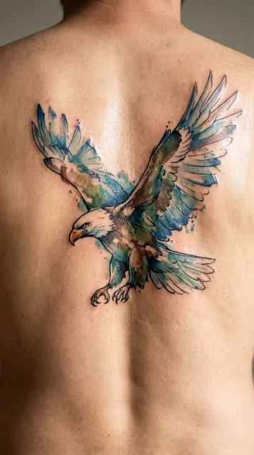 Color watercolor eagle tattoo on a man's back
