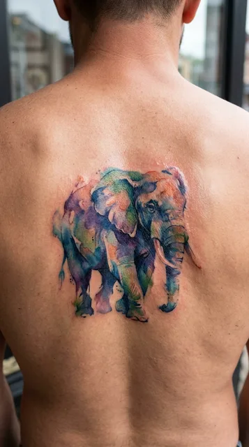 Color watercolor elephant tattoo on a man's back